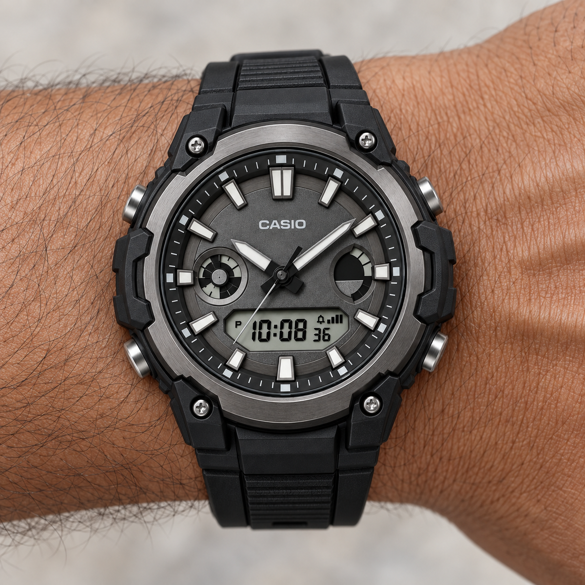 Casio Analog Digital Black watch — wrist closeup view