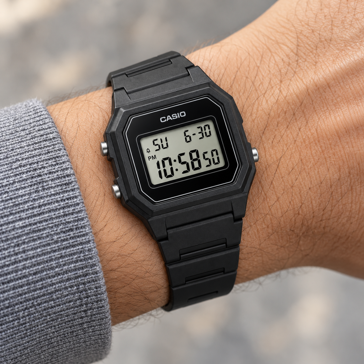 Casio Classic Digital Black — wrist closeup view