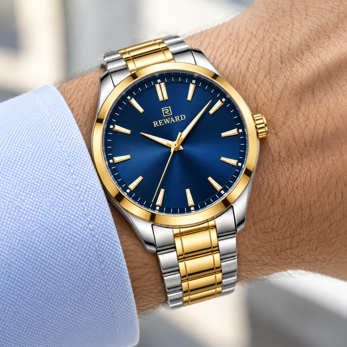 Reward Two-Tone Executive watch worn with shirt cuff