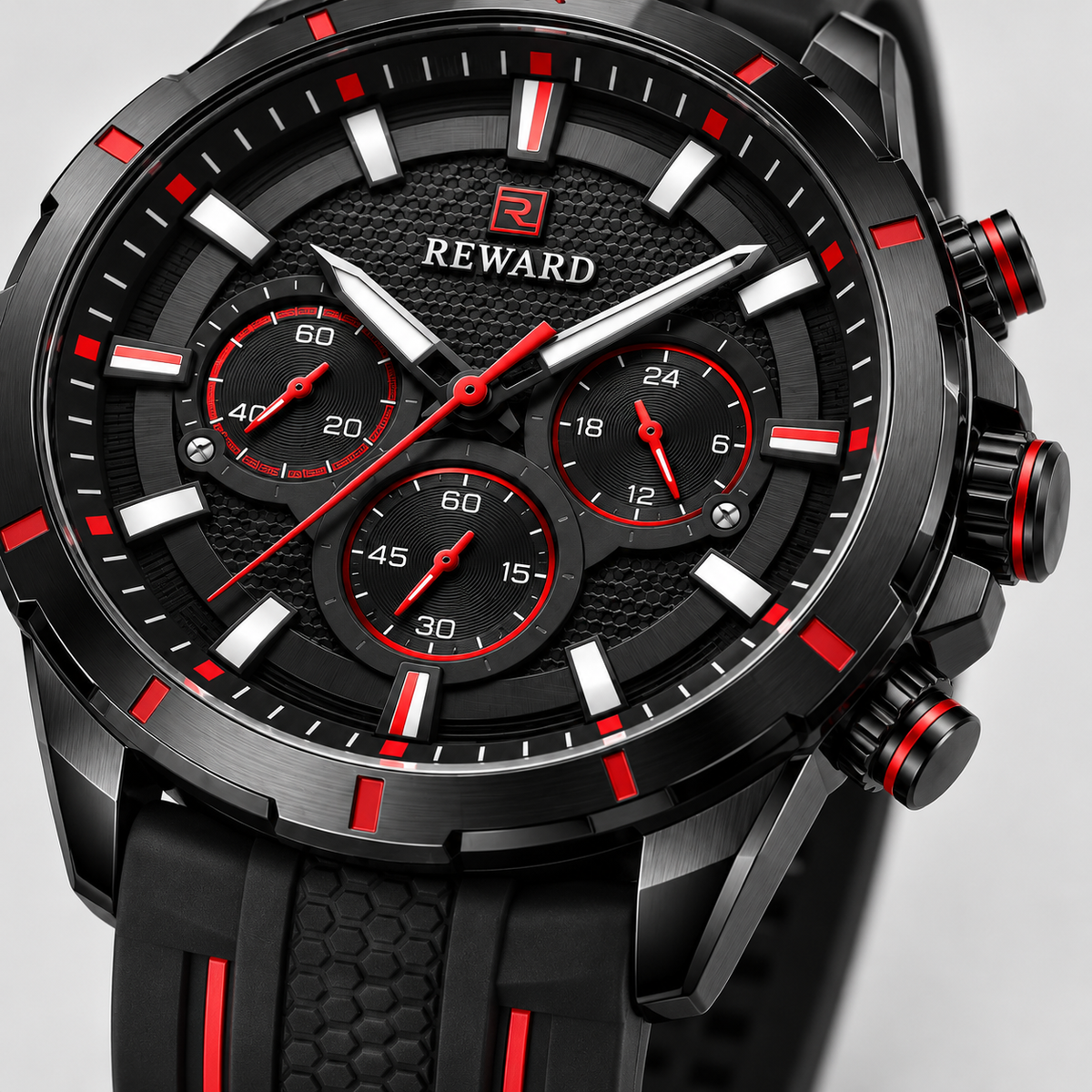 Reward Sport Black & Red dial and strap detail