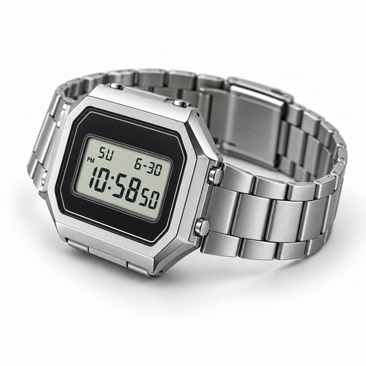Casio Retro Digital Silver watch, three-quarter side angle
