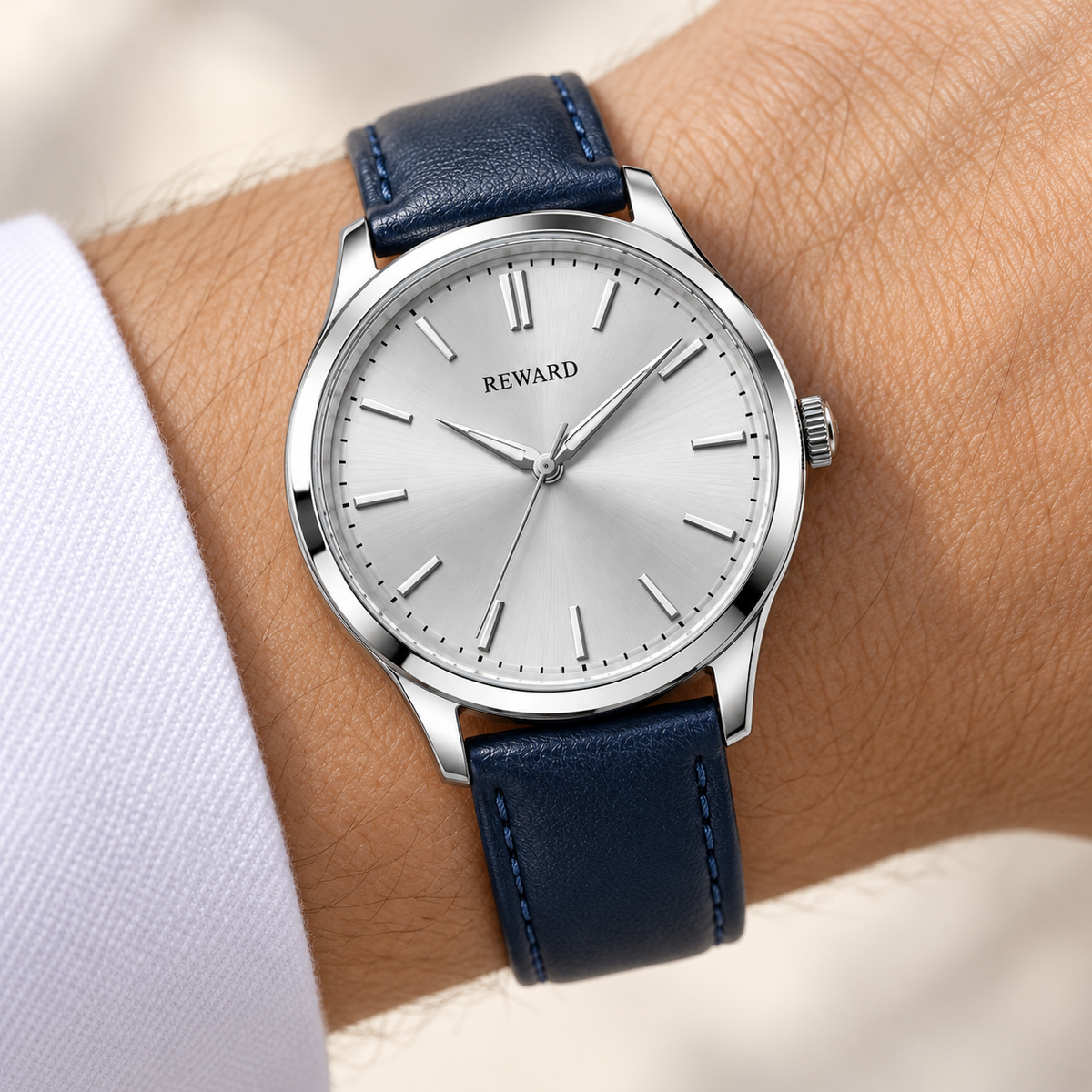 Reward Navy Leather Dress watch worn on wrist