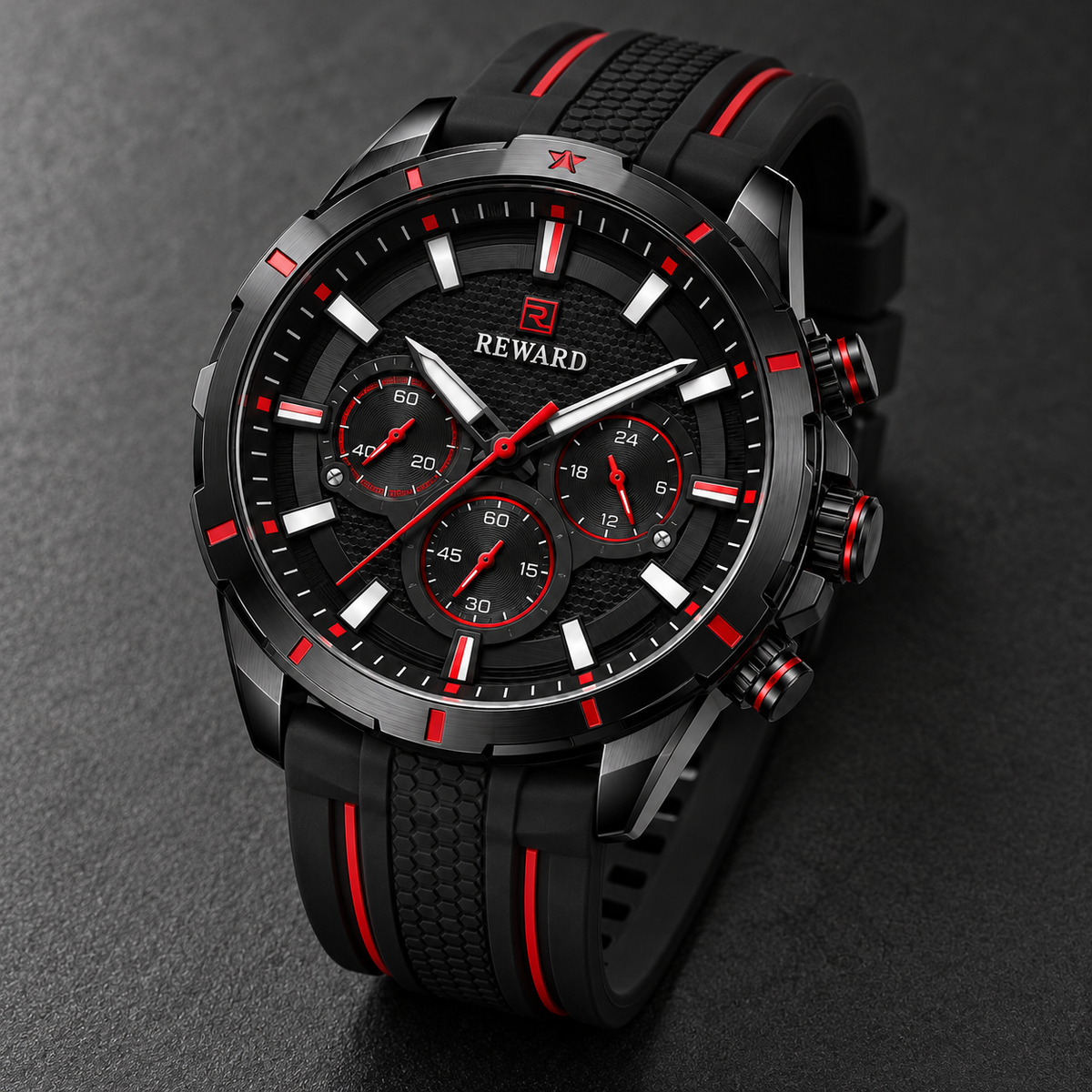 Reward Sport Black & Red watch on charcoal surface