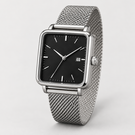 Modern Square Case Watch — AI-generated three-quarter view from crown side, dial and case profile clearly visible