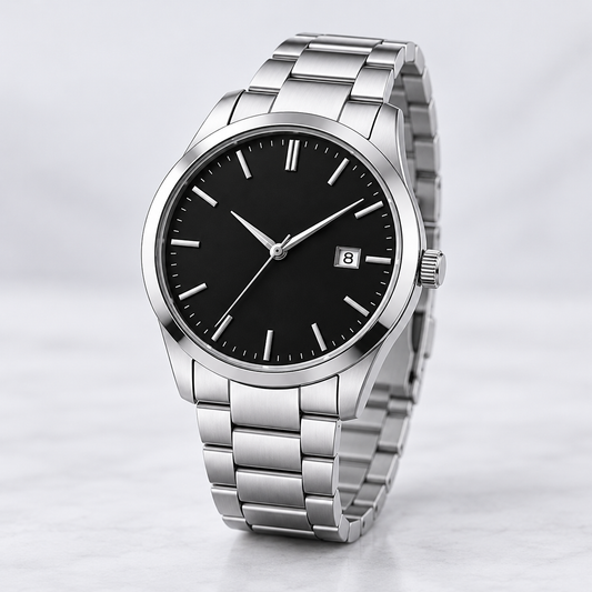 Classic Silver Analog Watch — AI-generated three-quarter view from crown side, dial and case profile clearly visible
