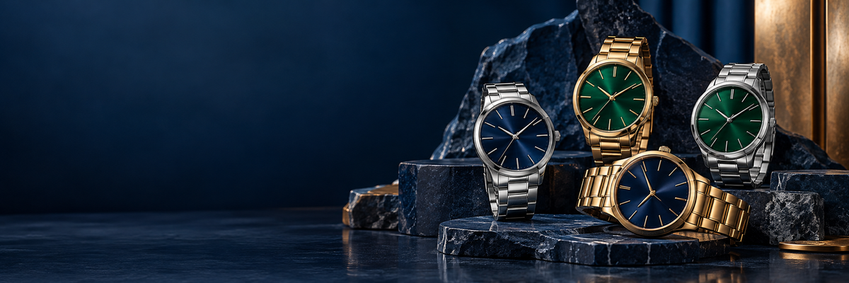 Conceptual BlueMart watch collection on navy stone with silver and gold watches
