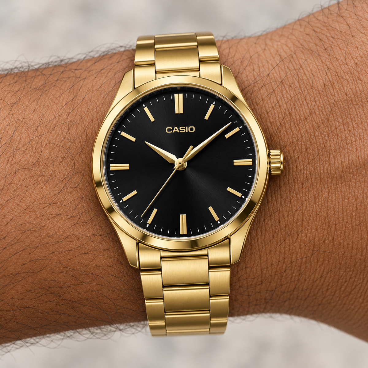 Casio Variant — Analog Gold Black — wrist closeup view