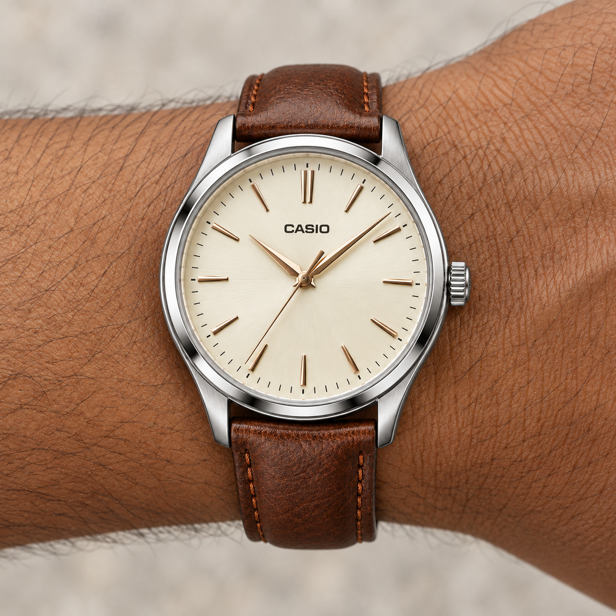 Casio Variant — Analog Leather Brown — wrist closeup view