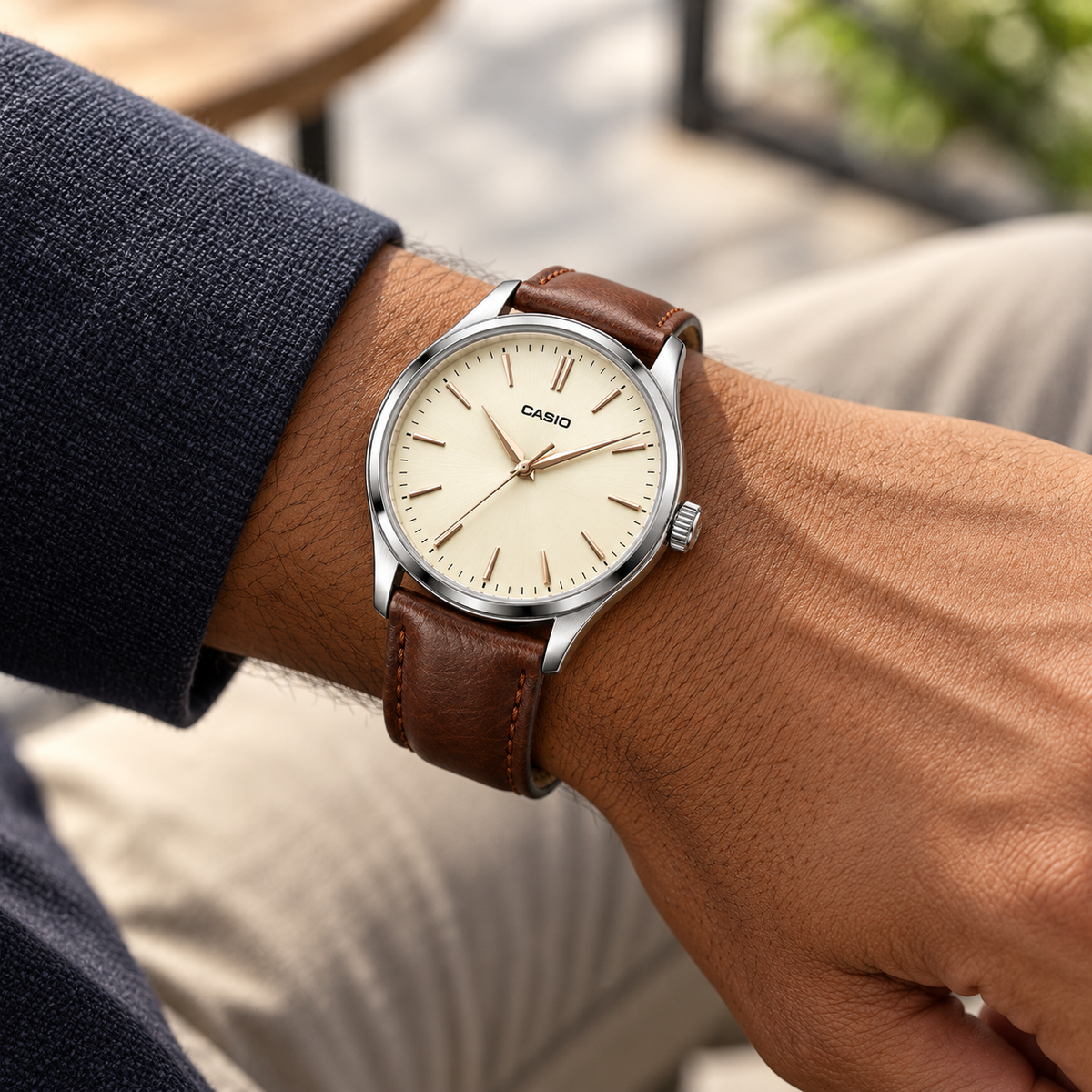 Casio Variant — Analog Leather Brown — wrist lifestyle view