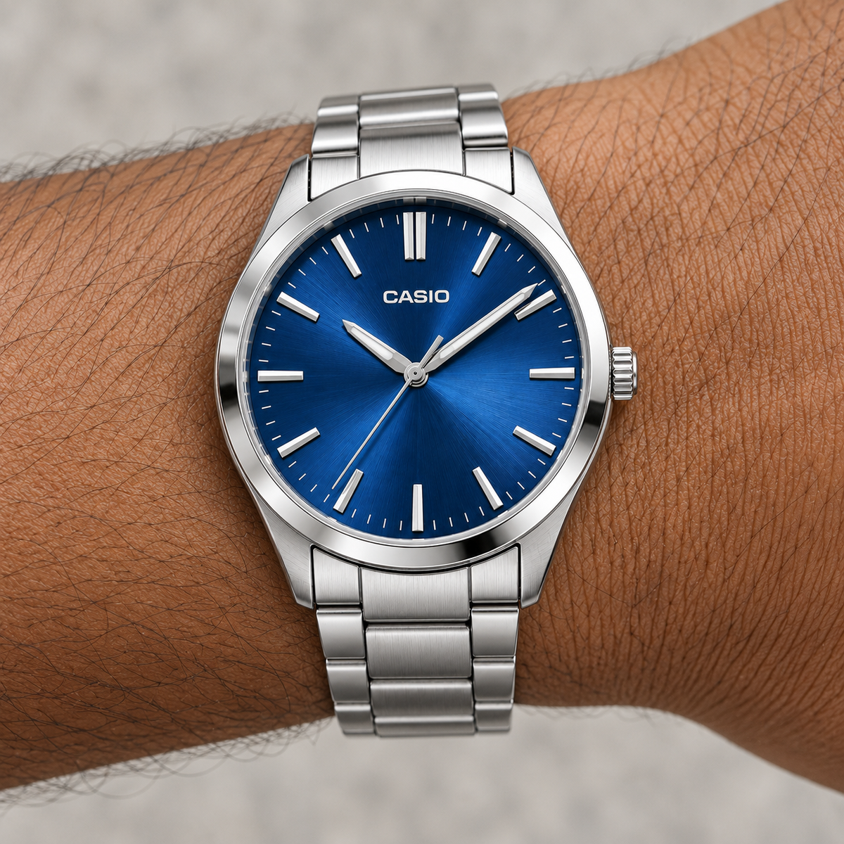 Casio Variant — Analog Silver Blue — wrist closeup view