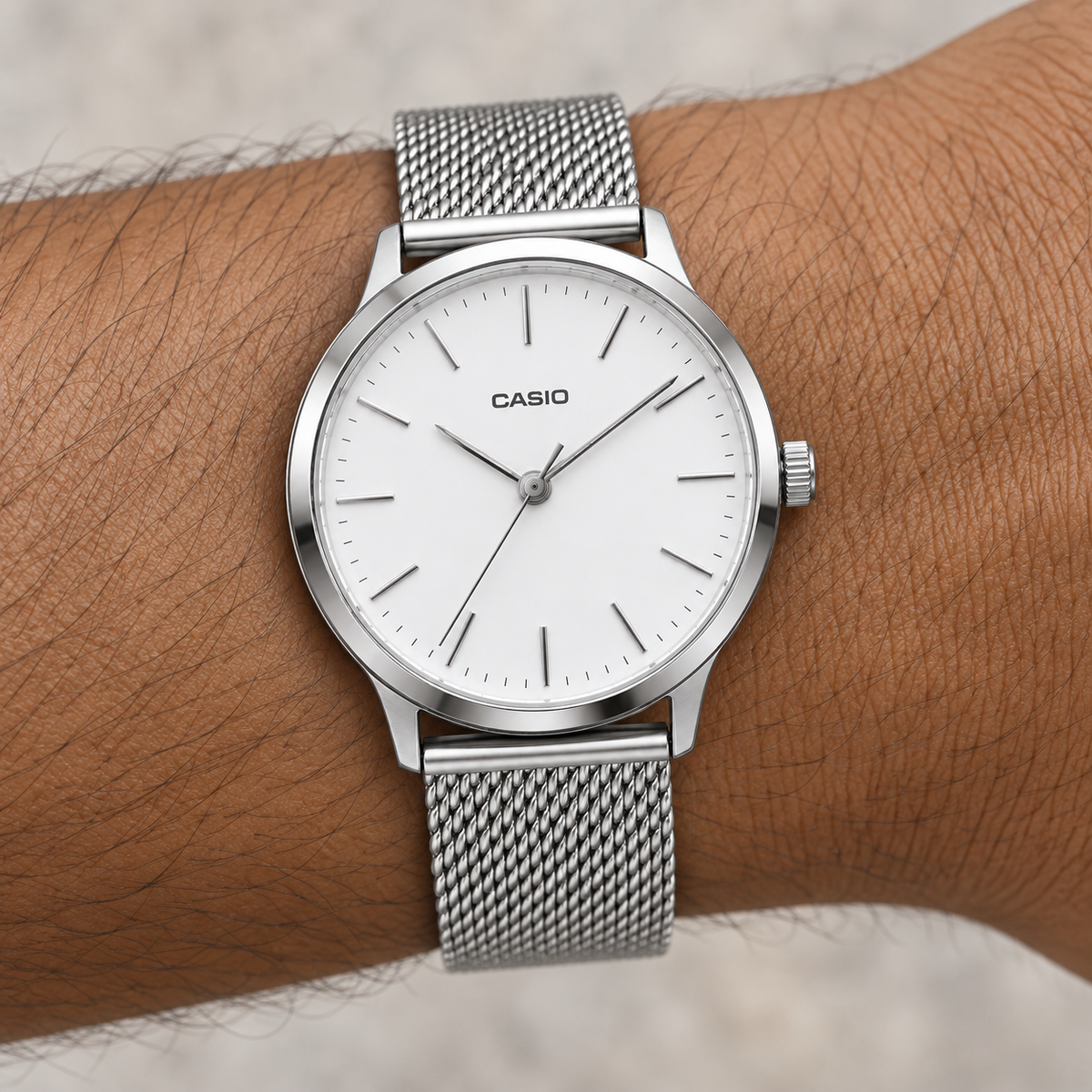 Casio Variant — Minimal Analog White — wrist closeup view
