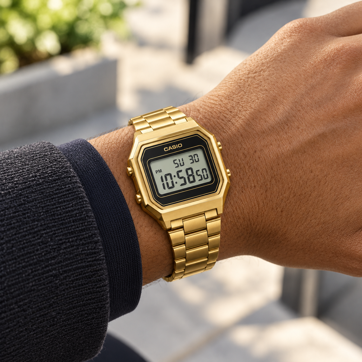 Casio Variant — Retro Digital Gold — wrist lifestyle view