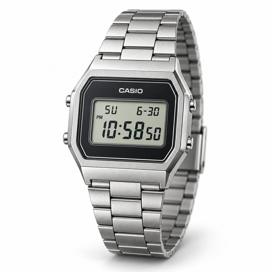 Retro silver digital watch design visualization