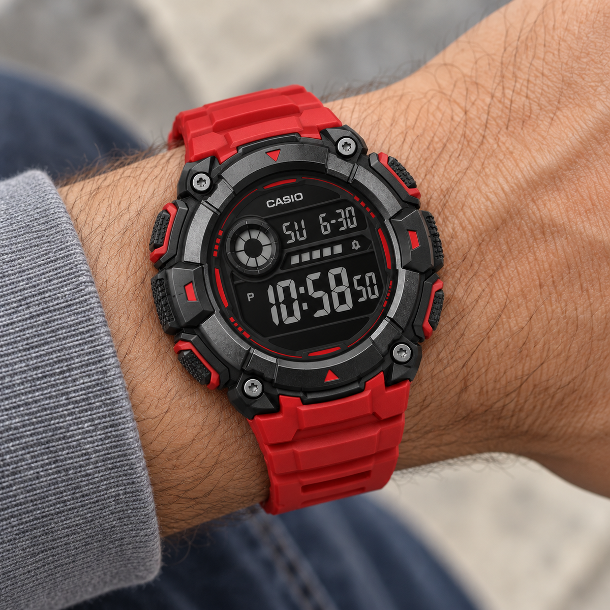 Casio Sport Digital Red — wrist closeup view