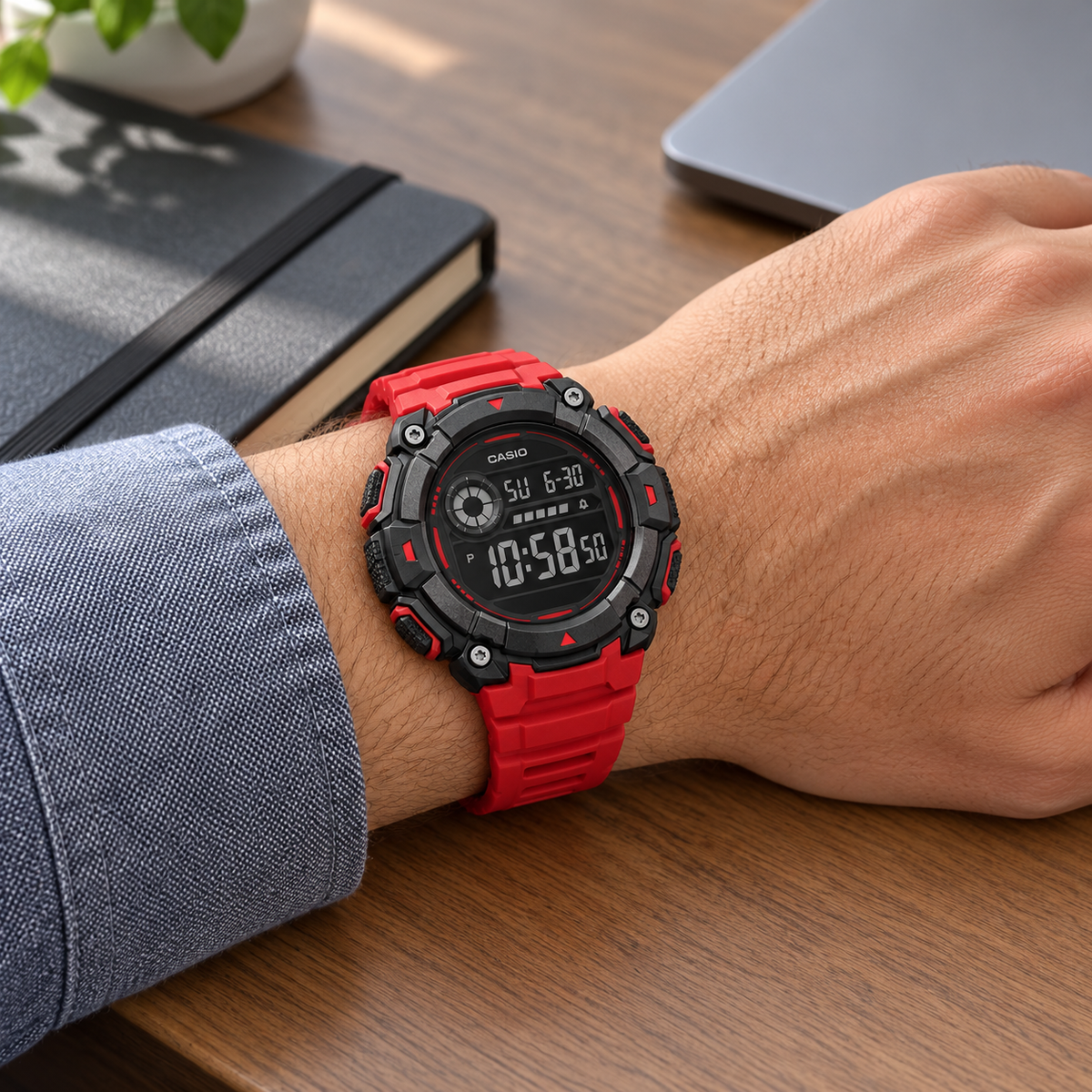 Casio Sport Digital Red — wrist lifestyle view