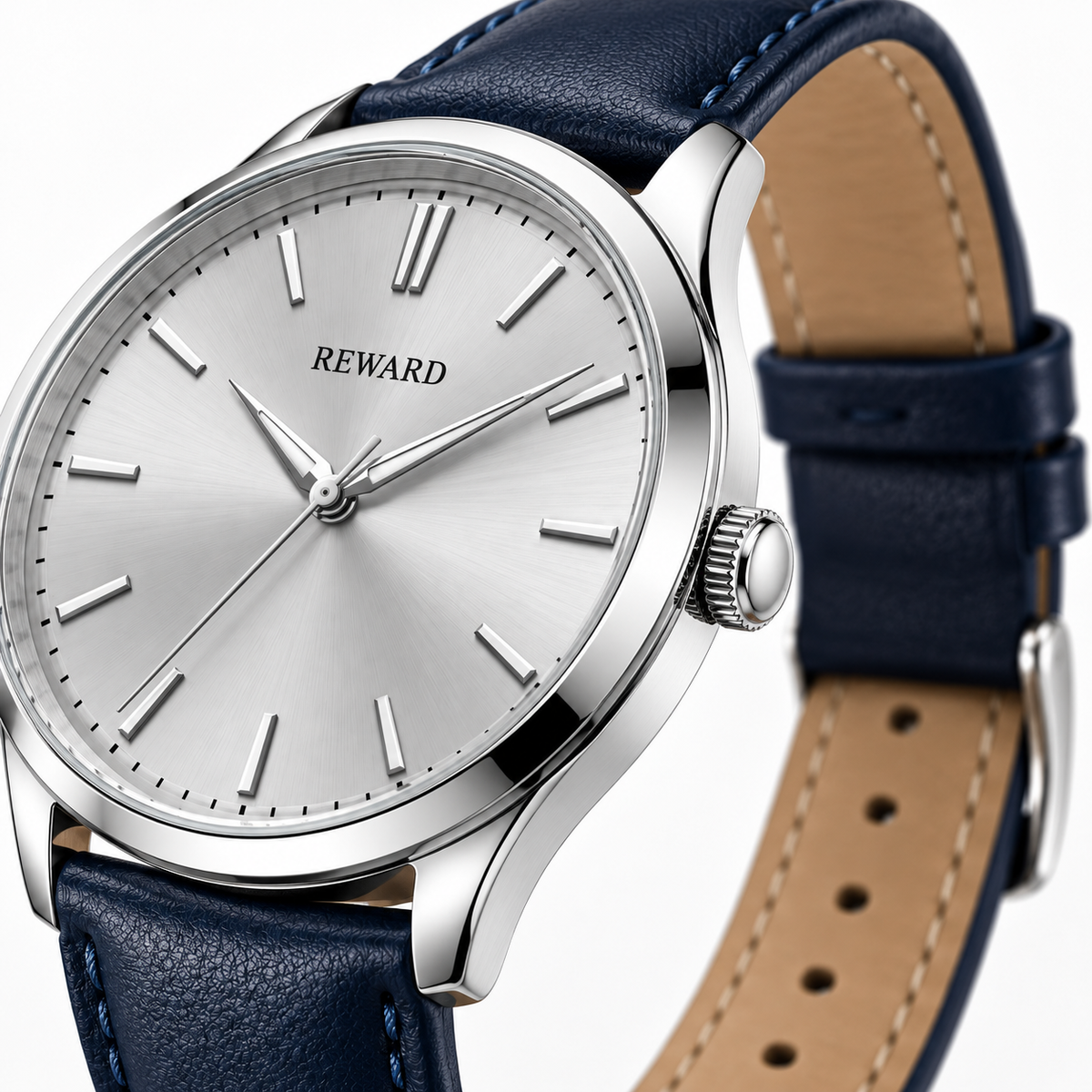 Reward Navy Leather Dress watch dial and crown detail