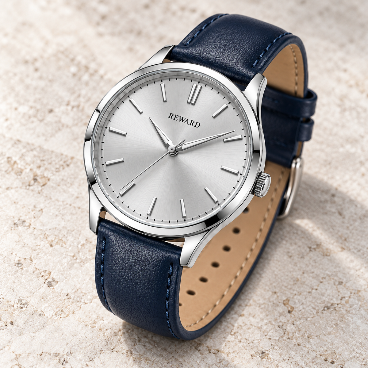 Reward Navy Leather Dress watch on stone surface
