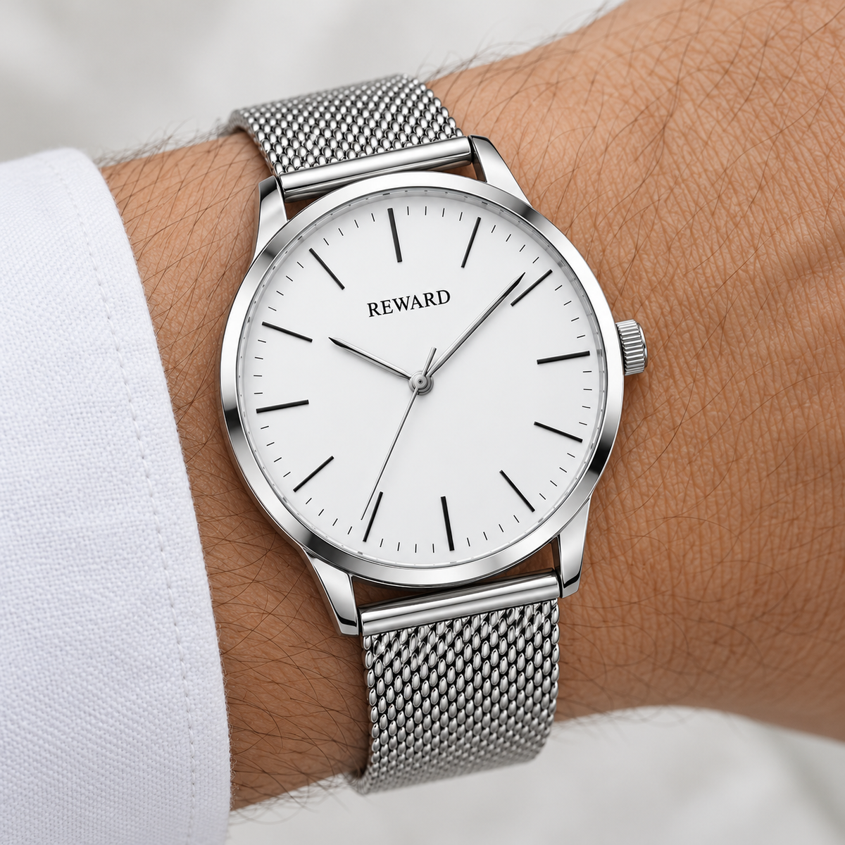 Reward Silver White Minimal watch worn on wrist