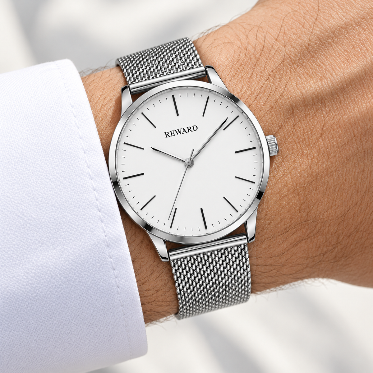 Reward Silver White Minimal watch worn with shirt cuff