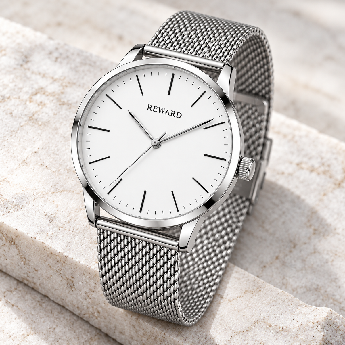 Reward Silver White Minimal watch on stone surface