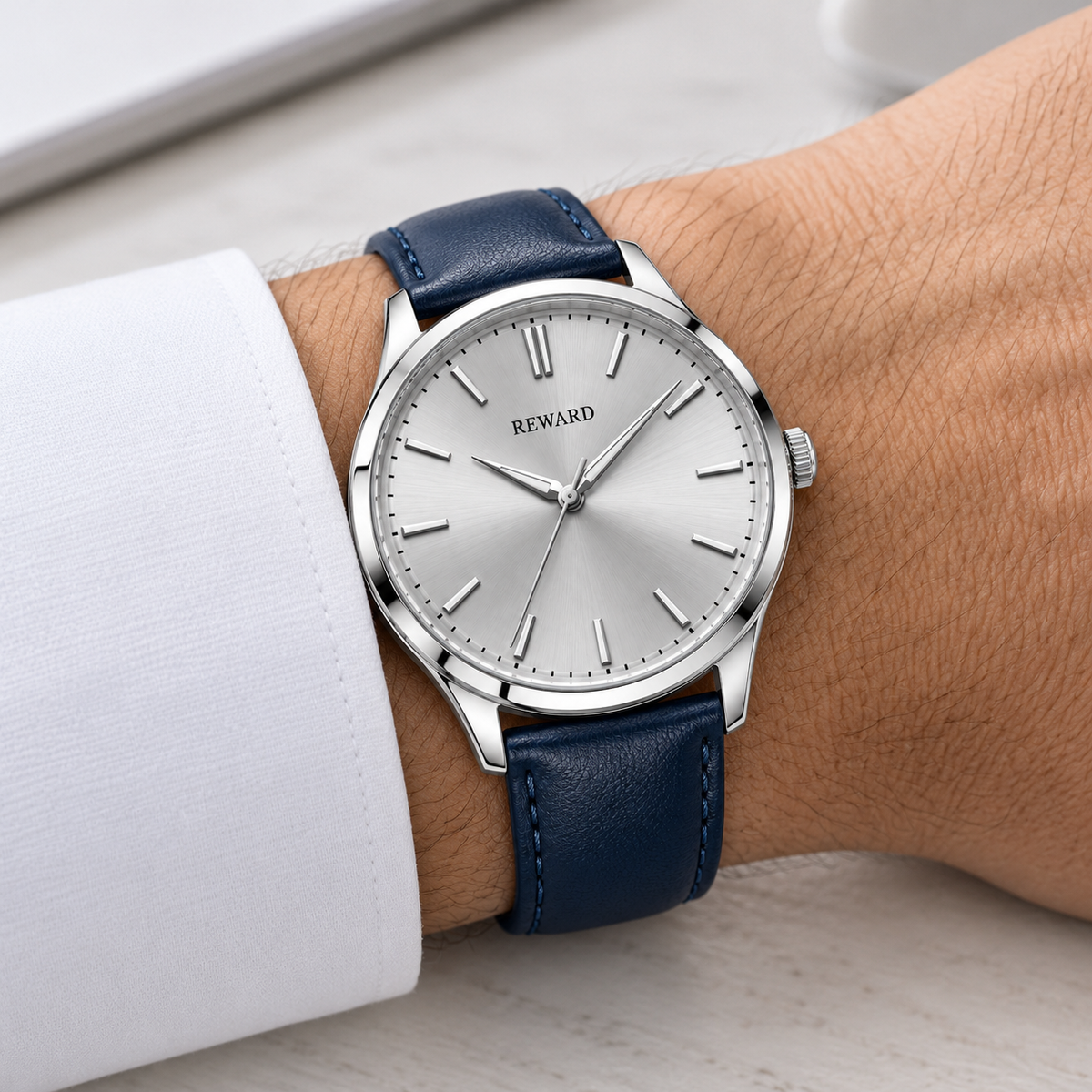 Reward Navy Leather Dress watch worn with shirt cuff