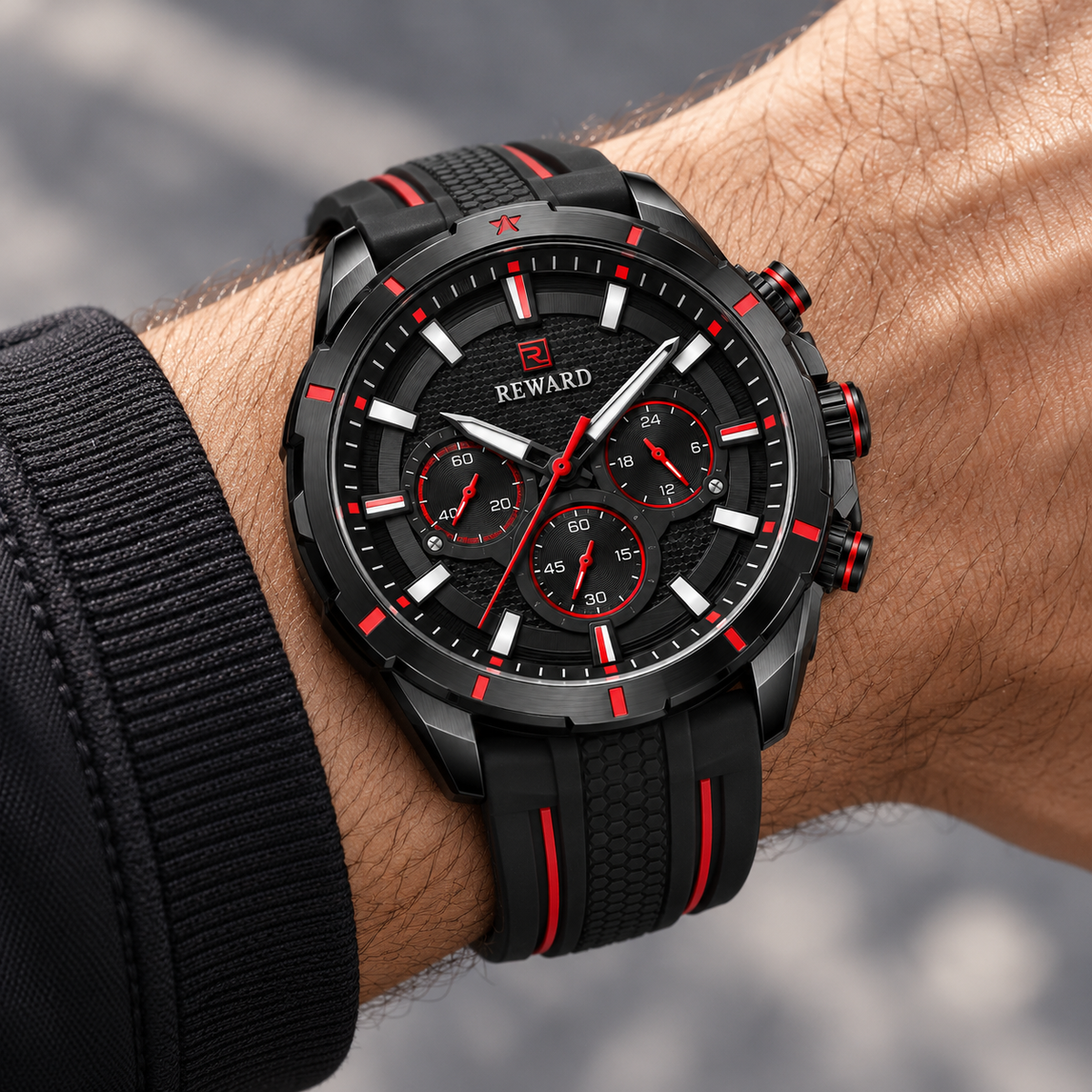 Reward Sport Black & Red watch worn with dark sleeve
