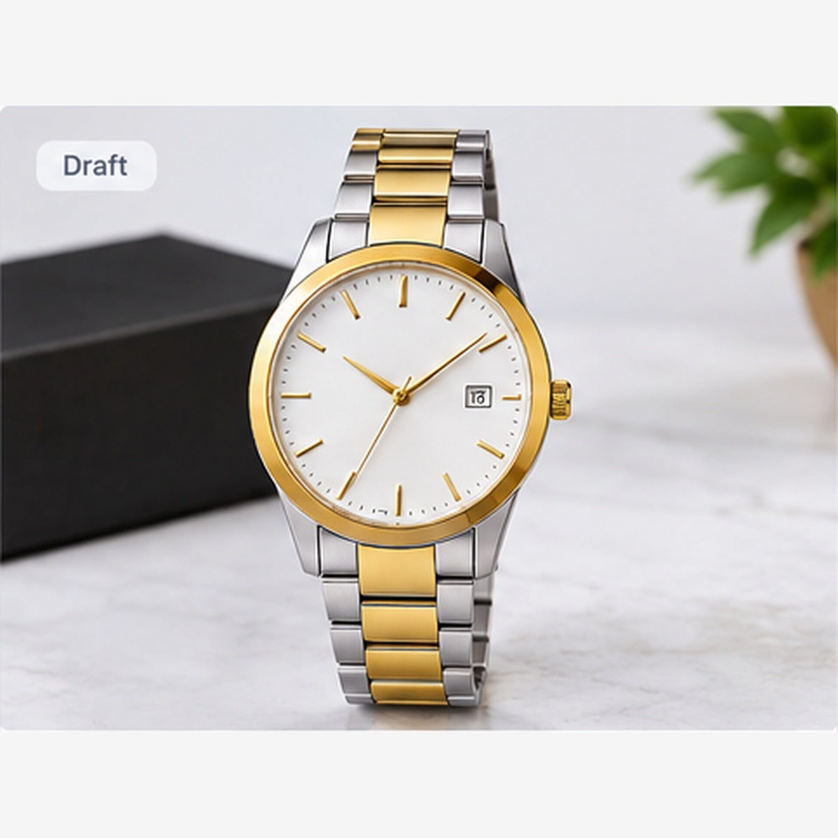 Concept image of a two-tone silver and gold analog watch; illustrative placeholder, not verified supplier stock.