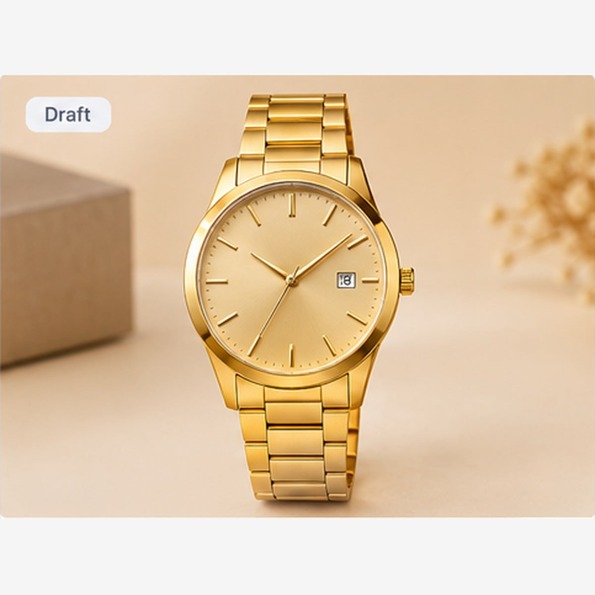 Concept image of a gold-tone analog watch; illustrative placeholder, not verified supplier stock.
