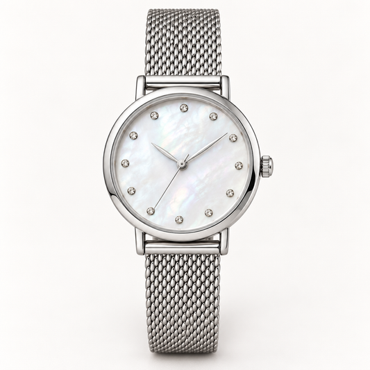 Meera Silver Mesh Analog Watch — AI-generated straight-on front full watch studio photograph