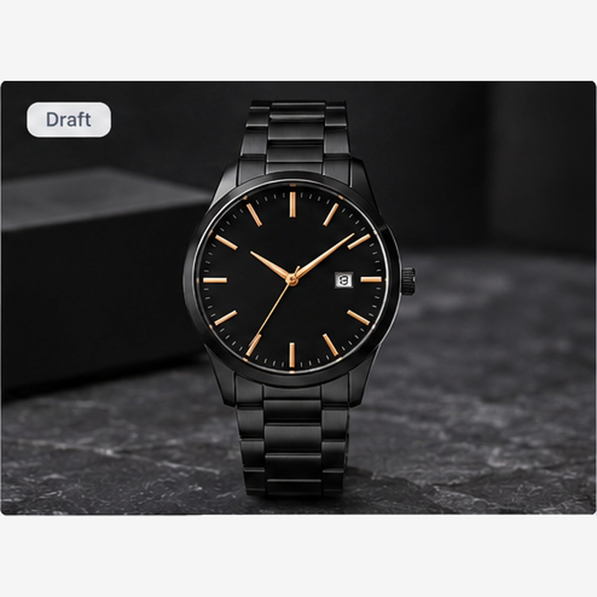 Concept image of a black dress watch with dark bracelet; illustrative placeholder, not verified supplier stock.