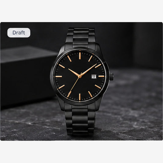 Concept image of a black dress watch with dark bracelet; illustrative placeholder, not verified supplier stock.