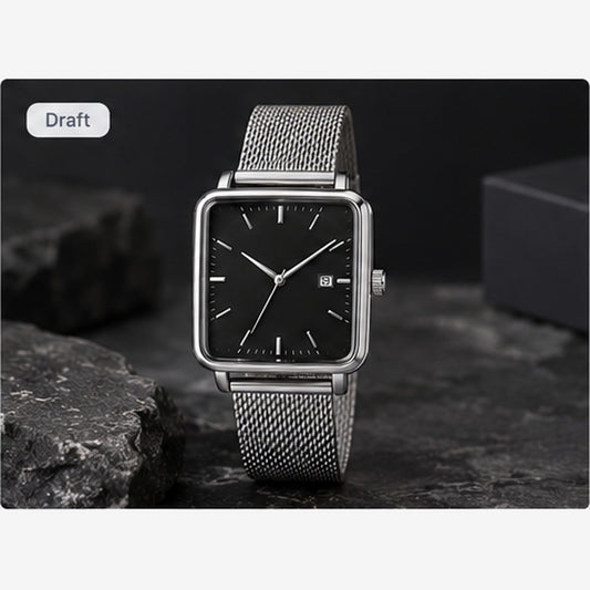 Concept image of a square black-dial watch with mesh bracelet; illustrative placeholder, not verified supplier stock.