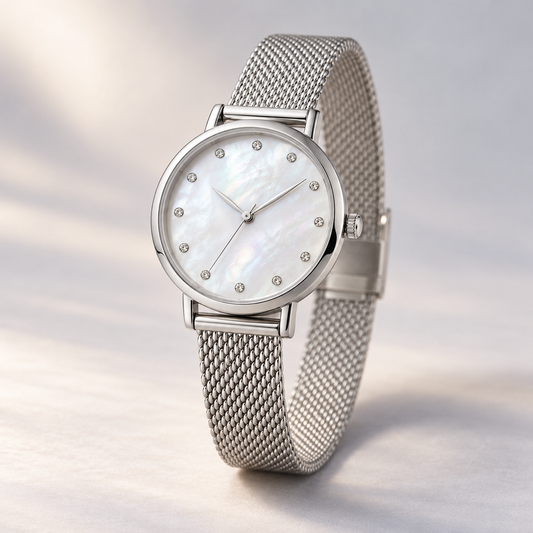 Meera Silver Mesh Analog Watch