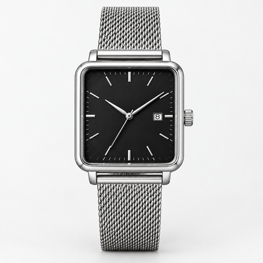 Modern Square Case Watch — AI-generated straight-on front full watch studio photograph