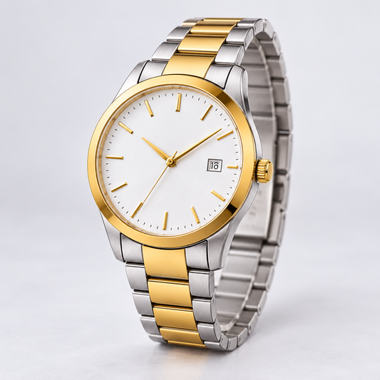 Executive Everyday Watch — AI-generated three-quarter view from crown side, dial and case profile clearly visible