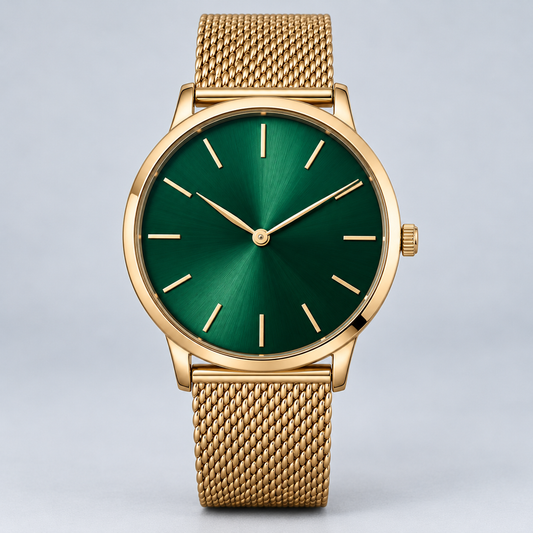 BlueMart Emerald Elegance Watch — AI-generated straight-on front full watch studio photograph