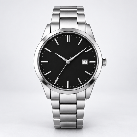 Classic Silver Analog Watch — AI-generated straight-on front full watch studio photograph