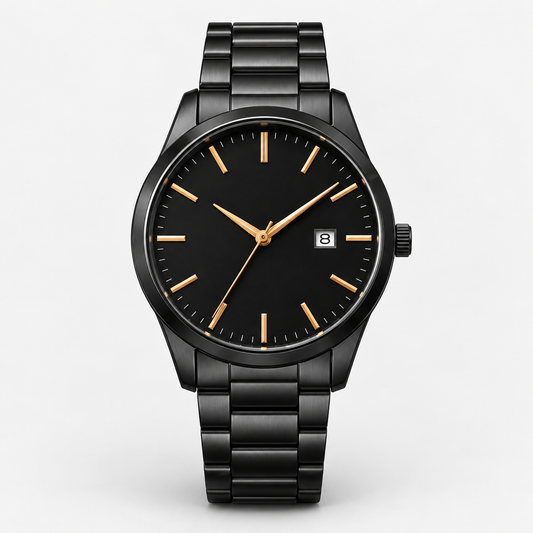 Midnight Black Dress Watch — AI-generated straight-on front full watch studio photograph