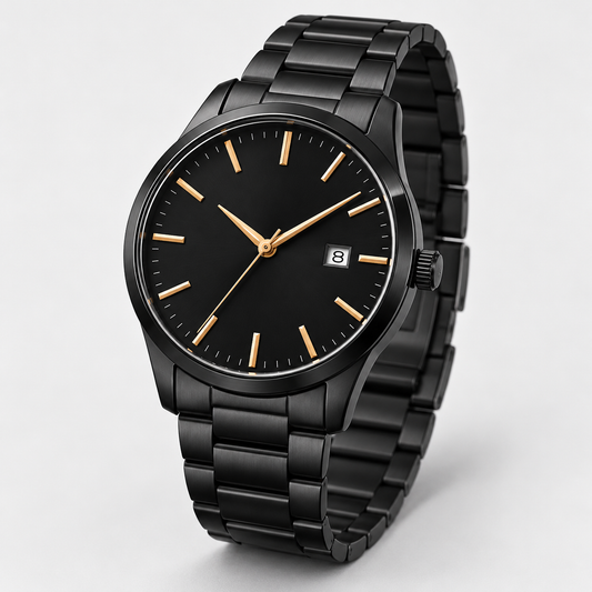 Midnight Black Dress Watch — AI-generated three-quarter view from crown side, dial and case profile clearly visible
