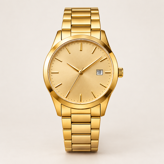 Golden Hour Gold-Tone Watch — AI-generated straight-on front full watch studio photograph