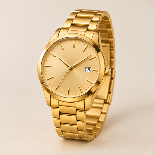 Golden Hour Gold-Tone Watch — AI-generated three-quarter view from crown side, dial and case profile clearly visible