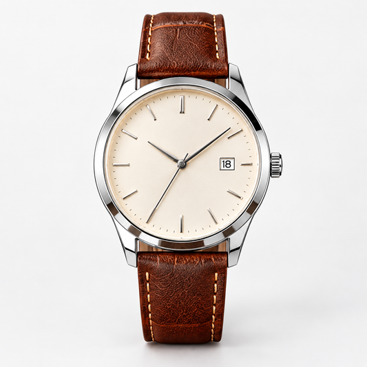 Heritage Brown Strap Watch — AI-generated straight-on front full watch studio photograph