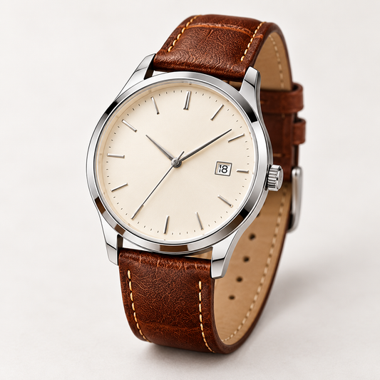 Heritage Brown Strap Watch — AI-generated three-quarter view from crown side, dial and case profile clearly visible